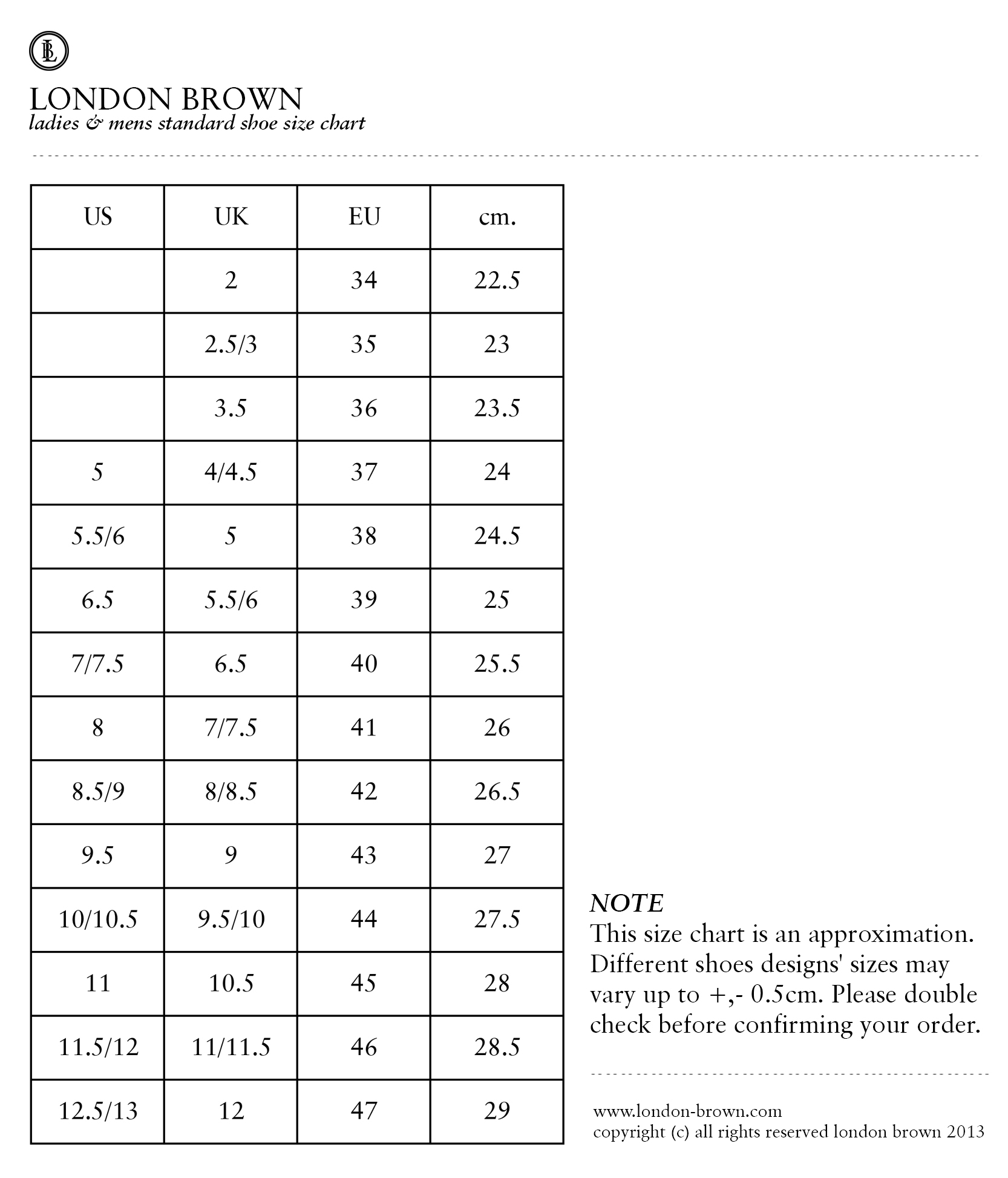 Size Chart  Bown of London
